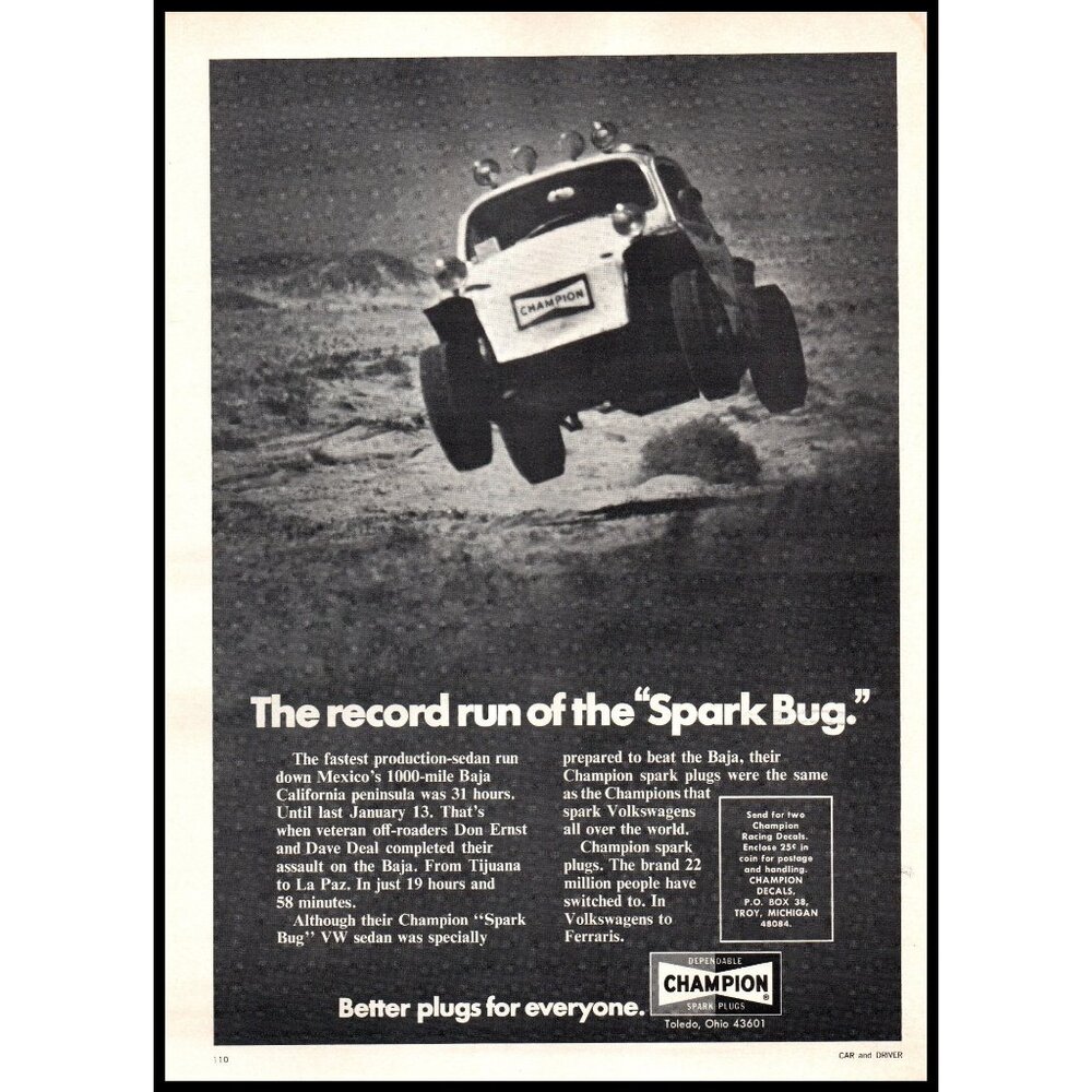 1973 Champion Spark Plugs Vintage Print Ad Baja Rally VW Beetle Bug Wall Art